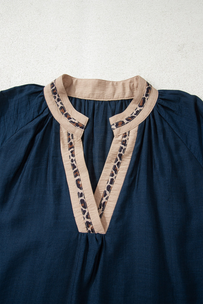 Navy Contrast Leopard Patchwork Collar Flounce Sleeve Blouse – Plus Size