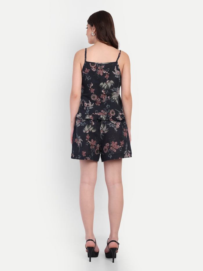 Women’s black floral Nazia top CB set with sleeveless top and matching shorts