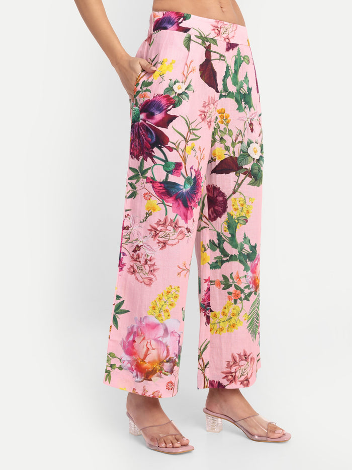 Luxury women’s pink floral Neno wide leg pants with elegant flowy silhouette and premium design