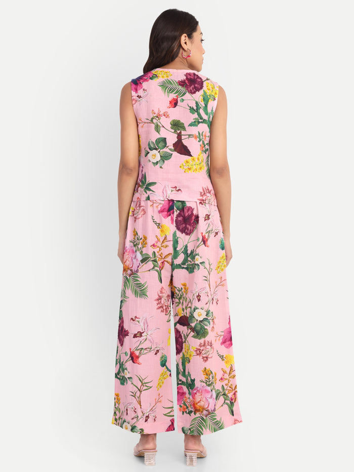 Women’s pink floral Neno top CB set with sleeveless top and matching wide-leg pants