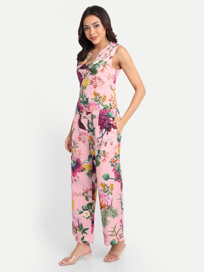 Women’s pink floral Neno top CB set with sleeveless top and matching wide-leg pants