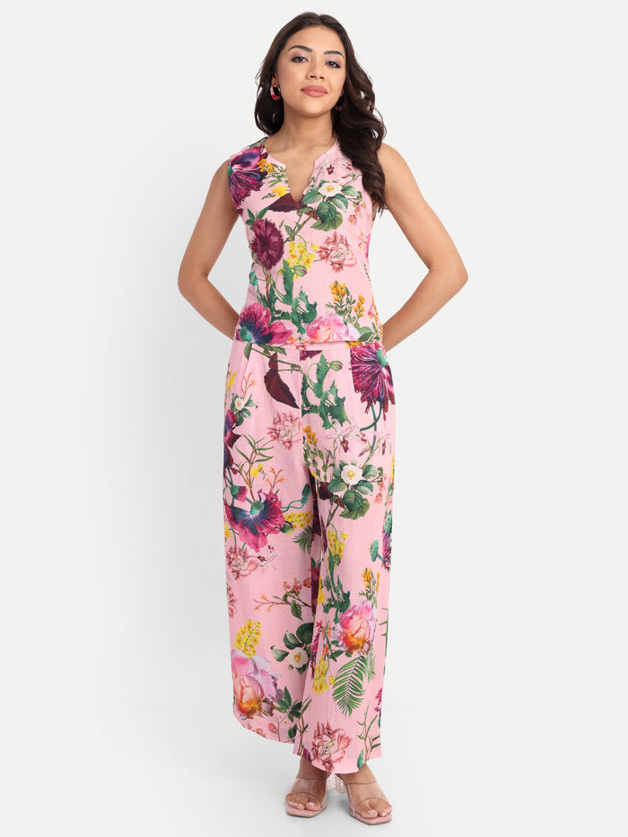 Women’s pink floral Neno top CB set with sleeveless top and matching wide-leg pants