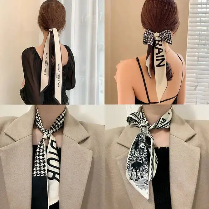 Neutral Long Twilly Scarf – Soft Patterned Skinny Scarves (4 Styles) - Accessories