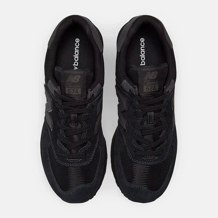 Pair of black New Balance sneakers on a white background