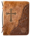 Nocona Bible Cover Floral Leather Calf Hair Branded Cross Brown
