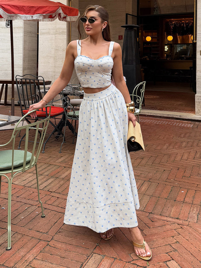 Ocean Blue Embroidered Polka Dot Cream Midi Set