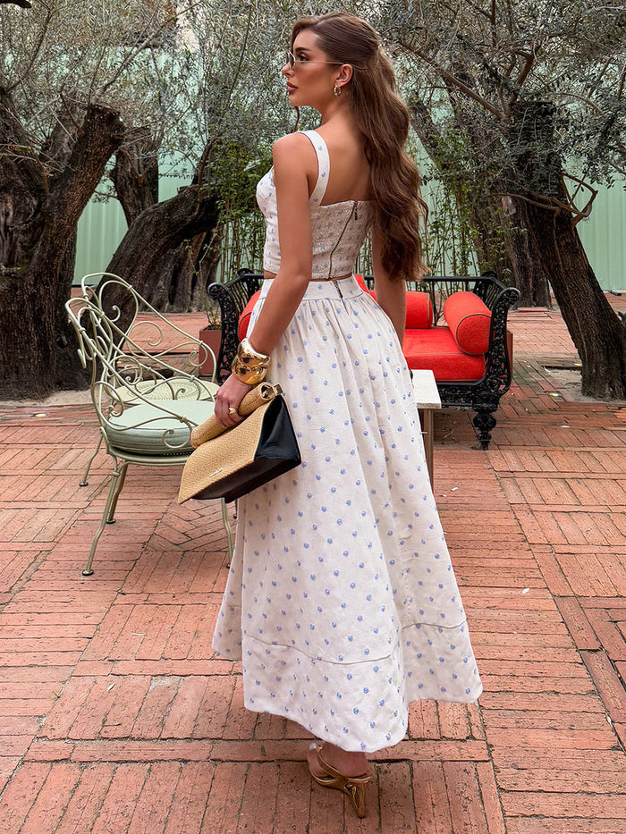 Ocean Blue Embroidered Polka Dot Cream Midi Set