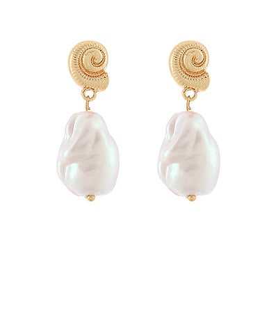 Ocean Breeze Gold Sea Shell & Baroque Pearl Drop Earrings