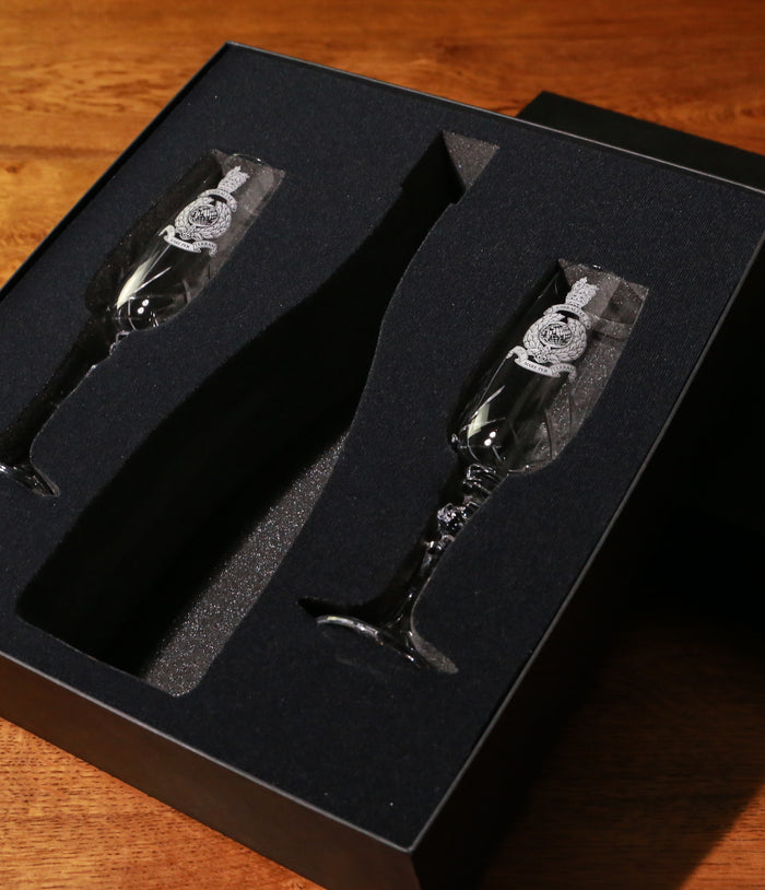 Pair of Crystal Champagne Flutes, Engraved with an Add Your Own Bottle Gift Box