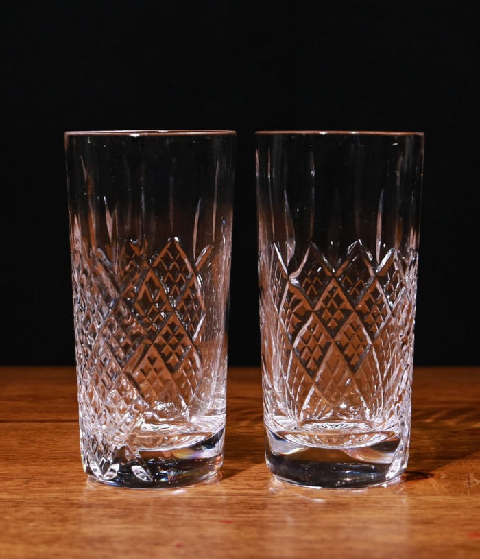 Pair Of Panel Crystal Highball Glasses, Engraved & In A Gift Box