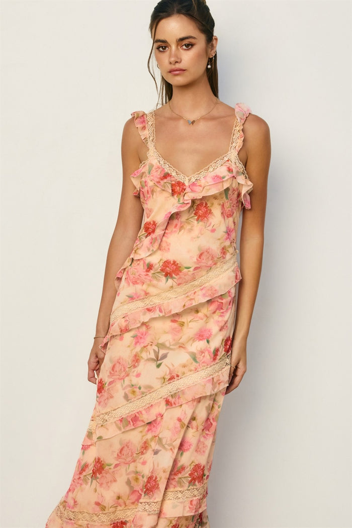 Pastel Promise Diagonal Lace And Ruffles Maxi Dress