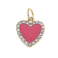 Heart-shaped pendant with pink center and gold and crystal trim on a white background