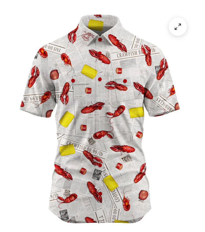 Performance Short Sleeve Button Up - Newspaper Crawfish