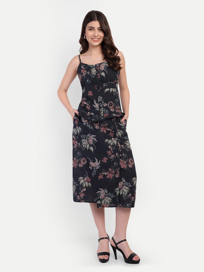 Women’s black floral Piku skirt CB set with sleeveless top and midi skirt