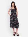 Women’s black floral Piku skirt CB set with sleeveless top and midi skirt