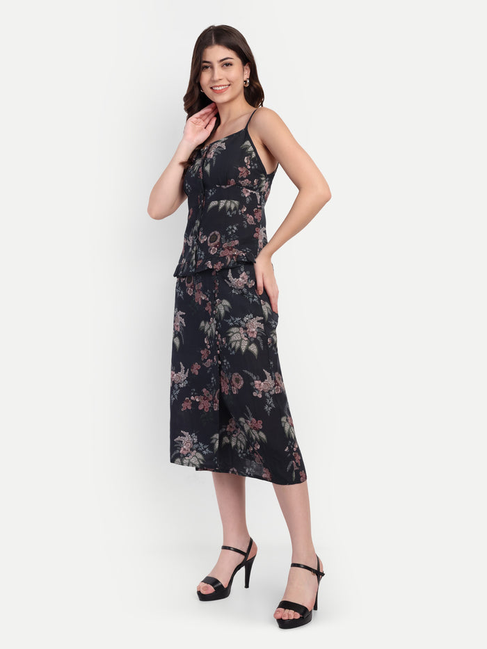Women’s black floral Piku skirt CB set with sleeveless top and midi skirt