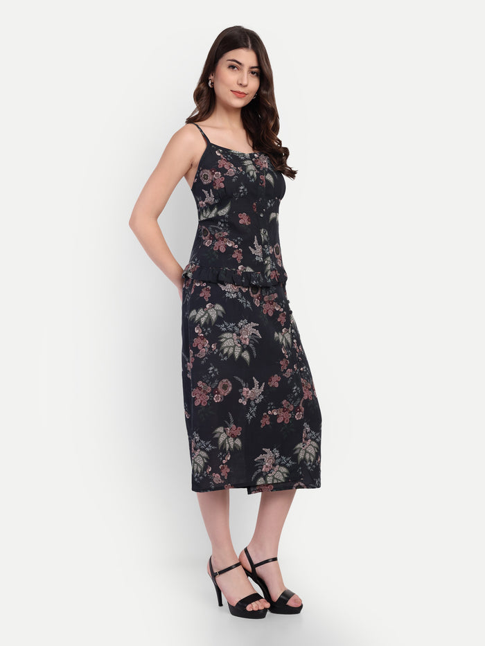 Women’s black floral Piku skirt CB set with sleeveless top and midi skirt