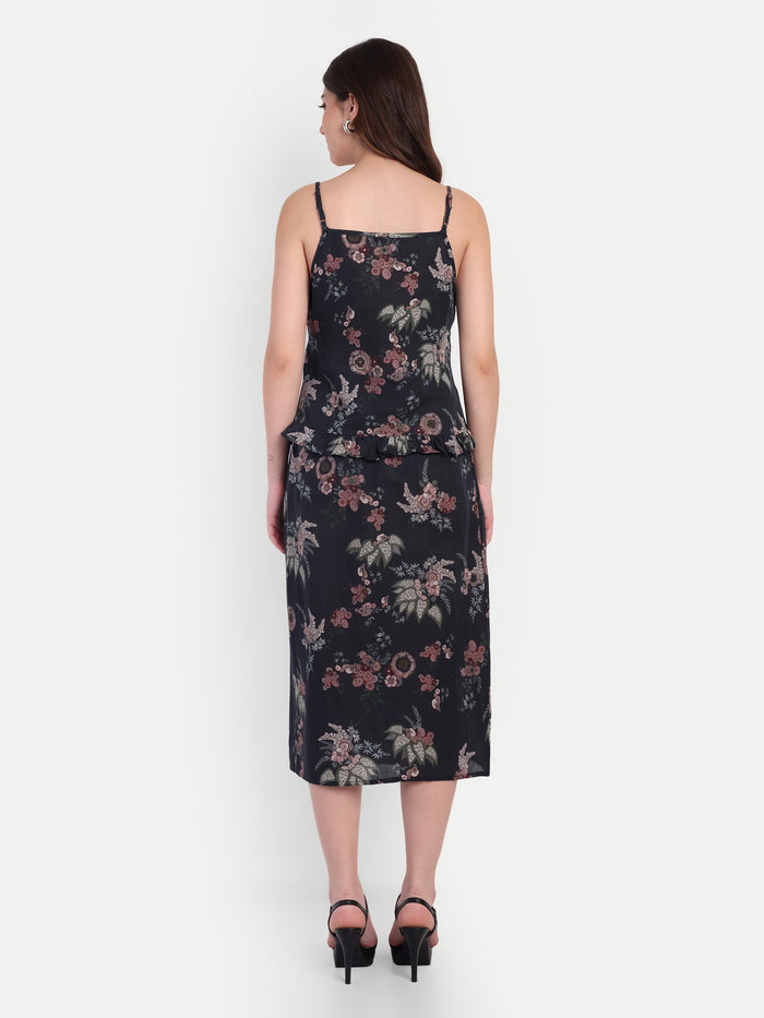 Women’s black floral Piku skirt CB set with sleeveless top and midi skirt