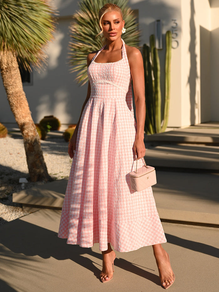 Pink Checkered Midi Dress