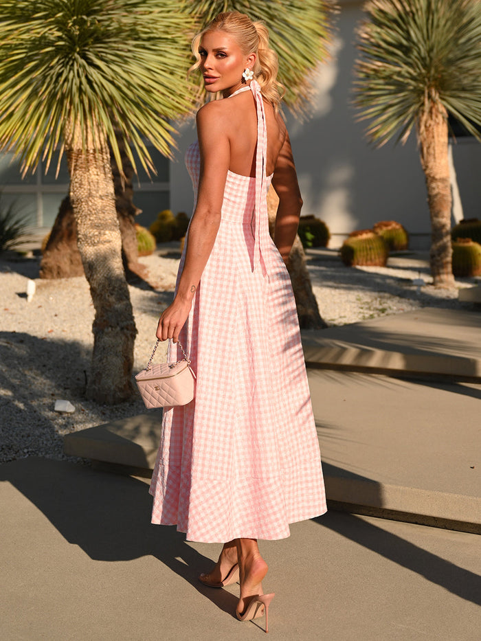 Pink Checkered Midi Dress