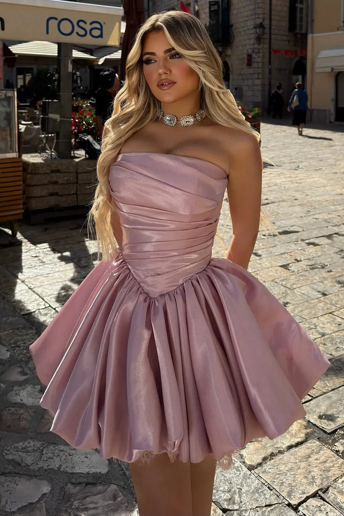 Pink Satin Mini Ball Dress Sweetheart Pleats Homecoming Dress RM233 Sheer Fairy