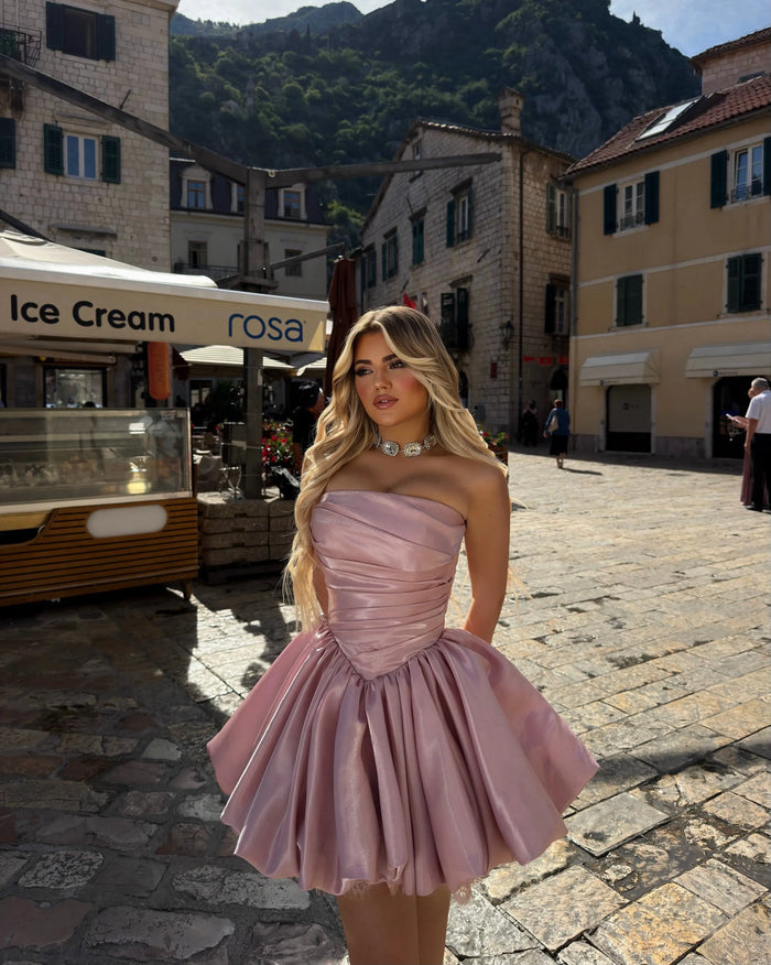 Pink Satin Mini Ball Dress Sweetheart Pleats Homecoming Dress RM233 Sheer Fairy