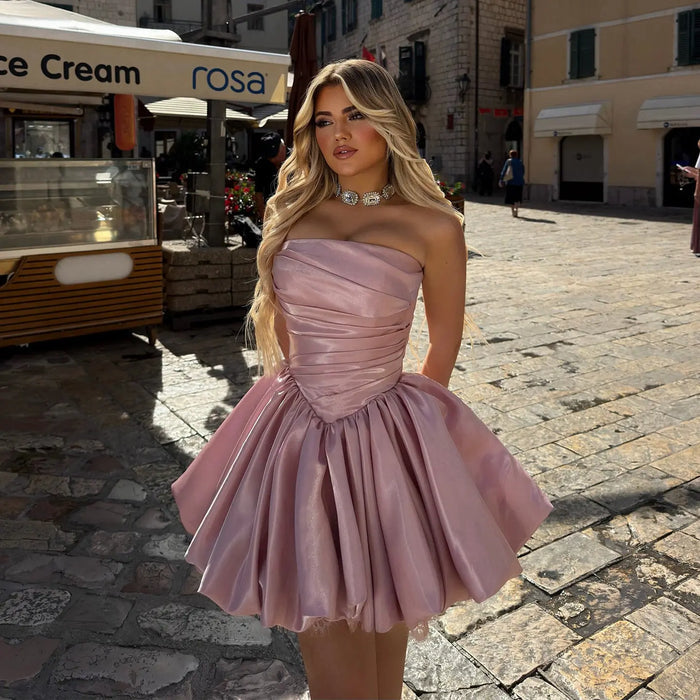 Pink Satin Mini Ball Dress Sweetheart Pleats Homecoming Dress RM233 Sheer Fairy