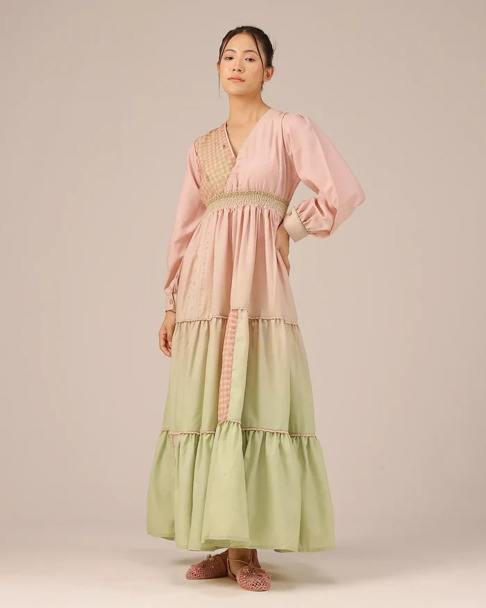 Pop Linen Dress ��� Pink To Green Patchwork Bohemian Dress - OurDve
