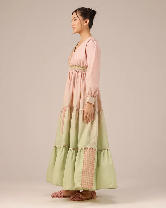 Pop Linen Dress ��� Pink To Green Patchwork Bohemian Dress - OurDve