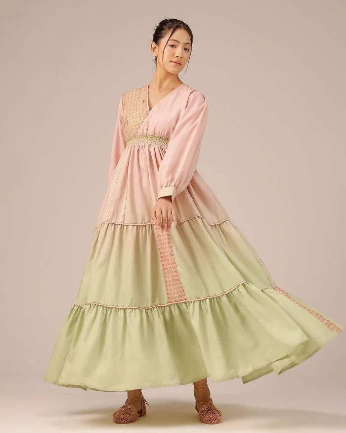 Pop Linen Dress ��� Pink To Green Patchwork Bohemian Dress - OurDve