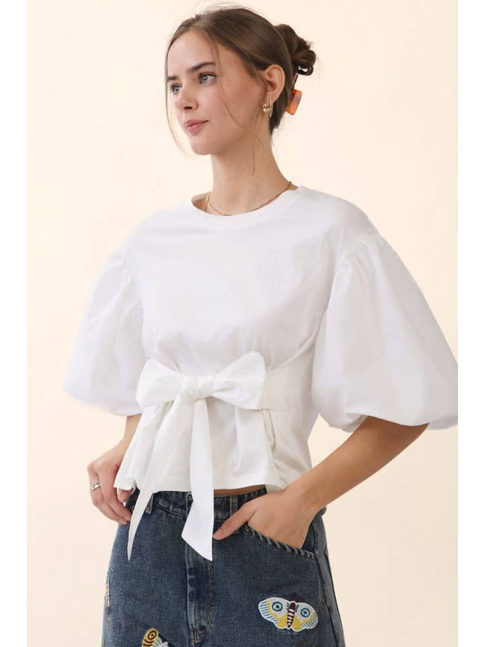 Poplin Puff Sleeve Tie-Front Blouse