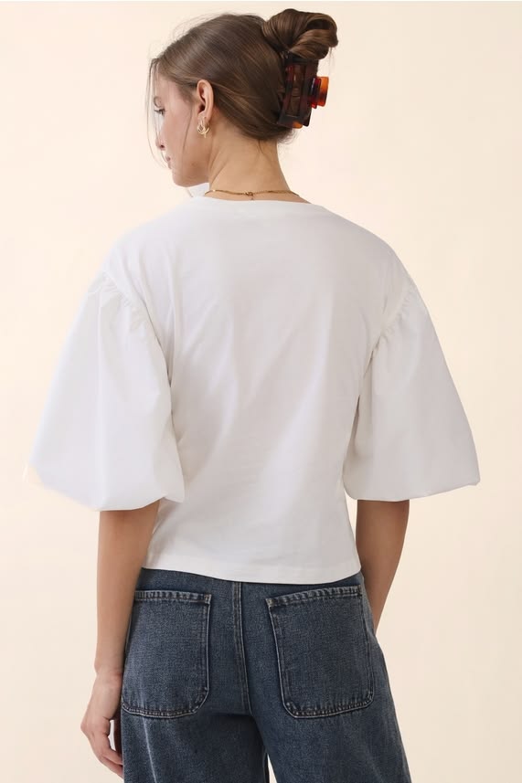 Poplin Puff Sleeve Tie-Front Blouse
