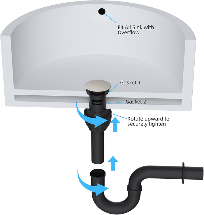 Push and Seal Stainless Steel Pop-Up Bathroom Drain Matte Black