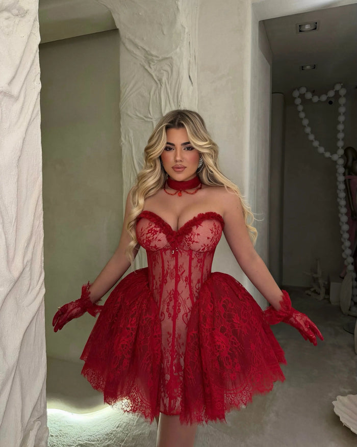 Red Dreamy Sheer Lace Corset Mini Dress Ruffle Sweetheart Homecoming Dress  RM235 Sheer Fairy