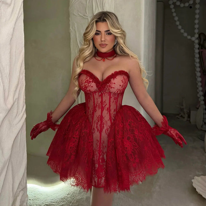 Red Dreamy Sheer Lace Corset Mini Dress Ruffle Sweetheart Homecoming Dress  RM235 Sheer Fairy