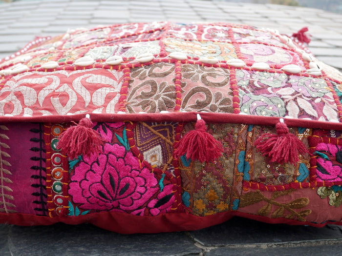 Red patchwork floor pillow cover 24" large floor cushion cover - Indian boho stlye floor seating - The Shanti Home