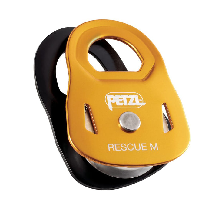 Yellow and black PETZL rescue pulley on a white background