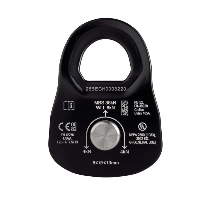 backview of climbing pulley with technical specifications on a white background
