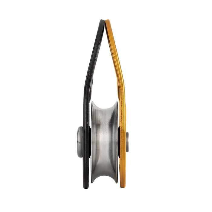 Metal pulley system with black and gold components on a white background