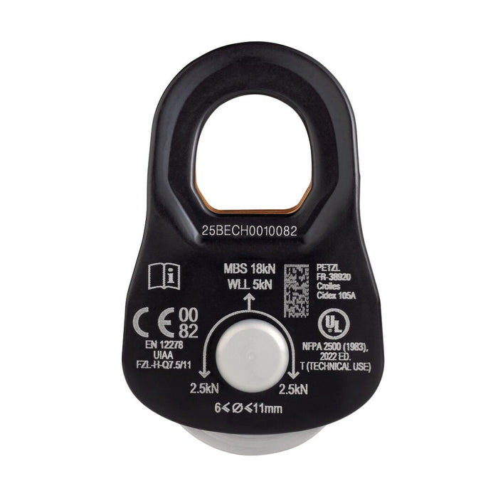 Black pulley system with technical specifications on a white background
