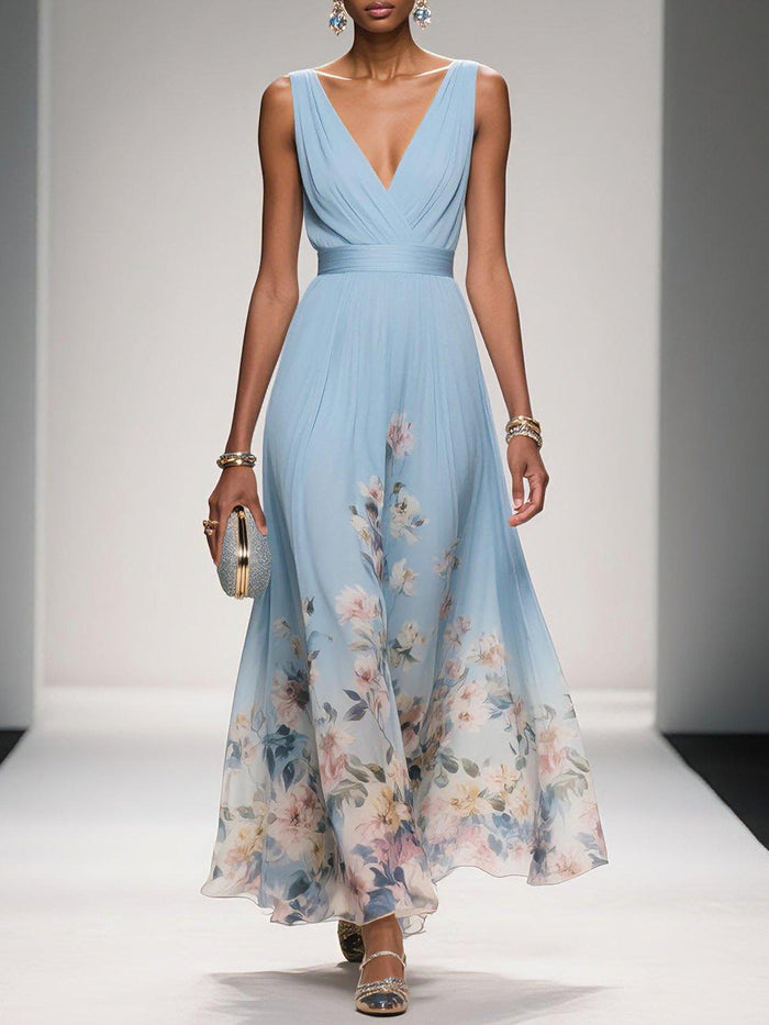 Rose | Light Blue Floral Chiffon V-Neck Maxi Dress