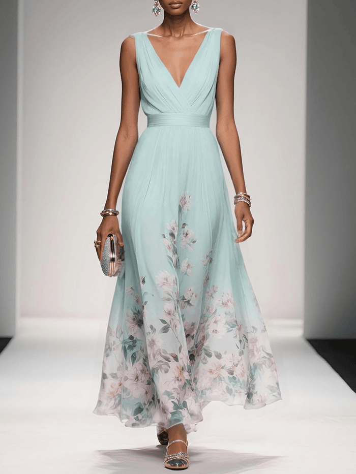 Rose | Light Blue Floral Chiffon V-Neck Maxi Dress