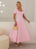 Rosebloom Pink Structured Crepe Midi Dress with Puff Sleeves and Sweetheart Neckline