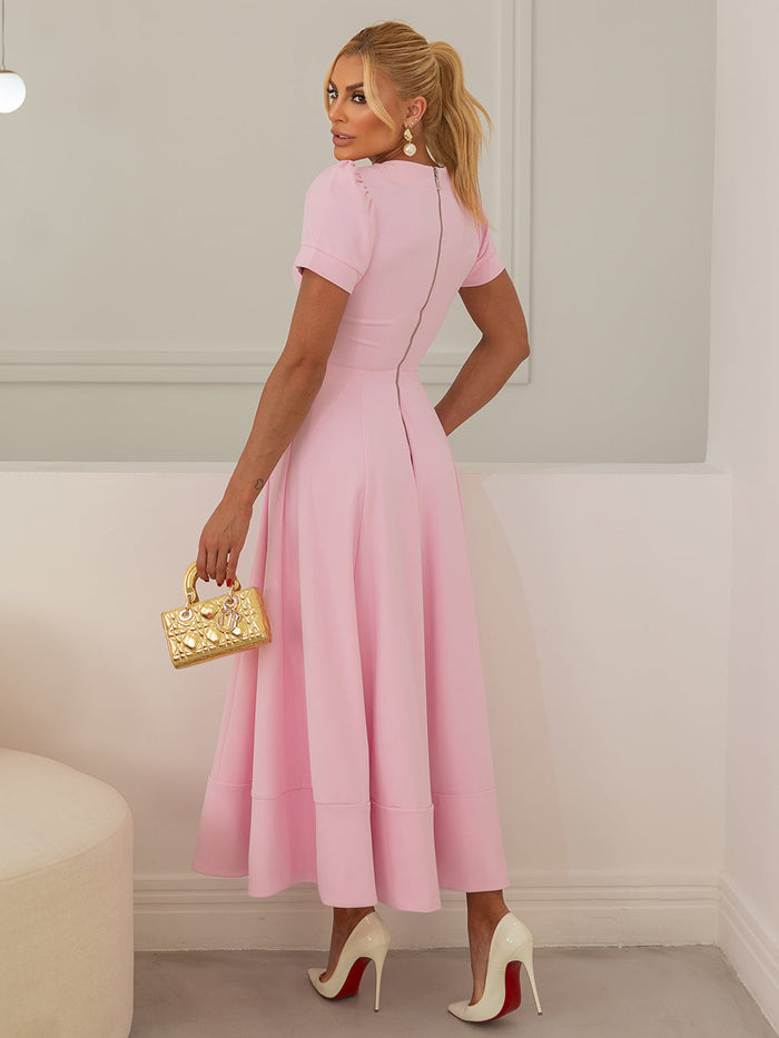 Rosebloom Pink Structured Crepe Midi Dress with Puff Sleeves and Sweetheart Neckline