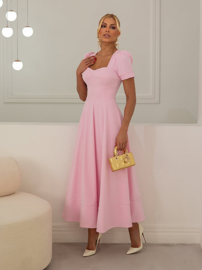 Rosebloom Pink Structured Crepe Midi Dress with Puff Sleeves and Sweetheart Neckline