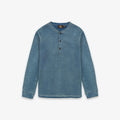 A blue long-sleeve henley shirt with a three-button placket, displayed flat against a light gray background.