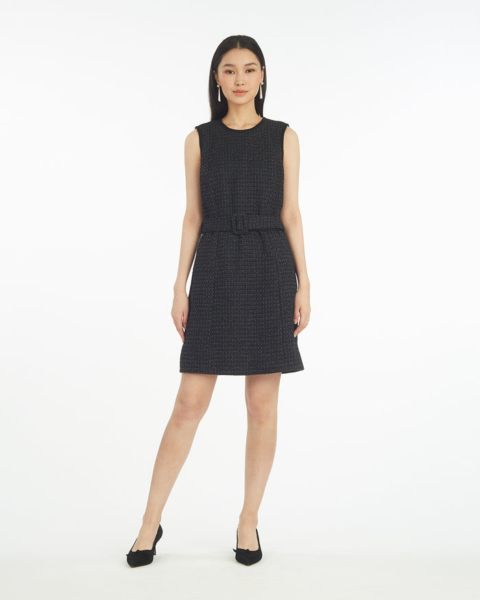 Sadie Belted Shift Dress in Tweed