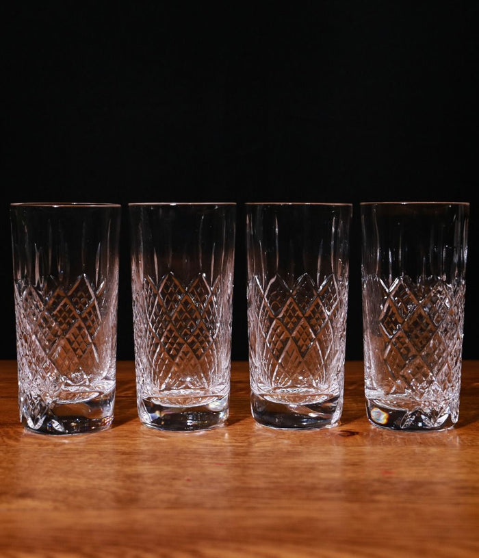 Set Of Four Panel Crystal Highball Glasses, Engraved & In A Gift Box