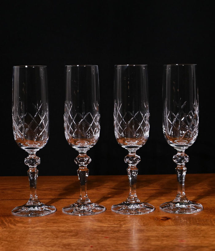 Set Of Four Panel Crytstal Champagne Glasses, Engraved & In A Gift Box