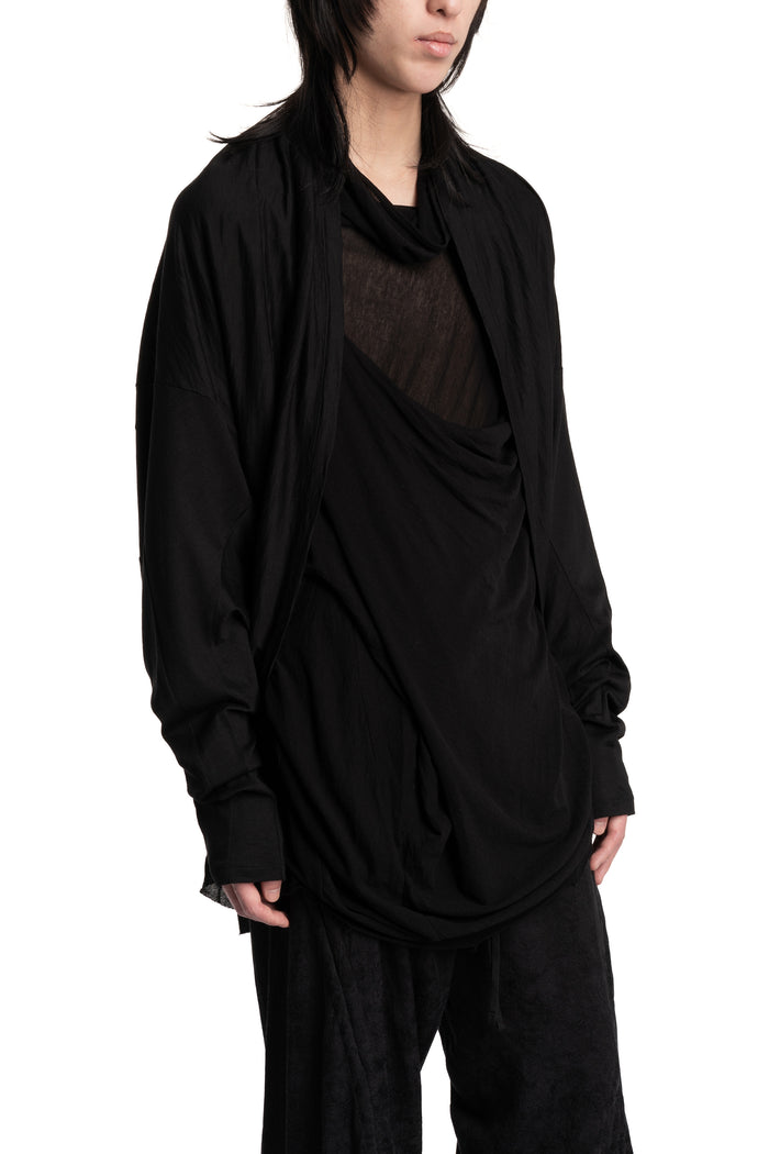 Shawl-collar open draped cardigan